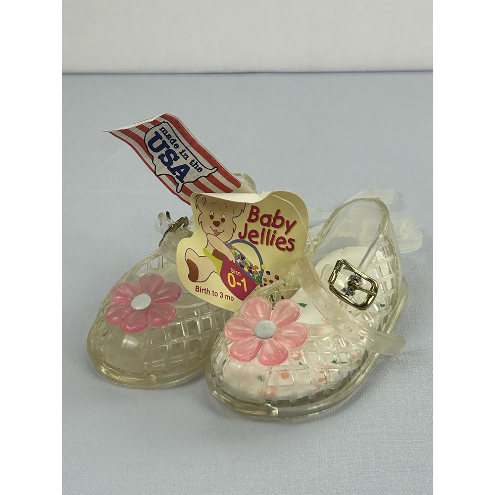 Vintage Baby Jellies Shoes Size 0 Birth-3M Clear Pink Flower Made USA NOS Tags
